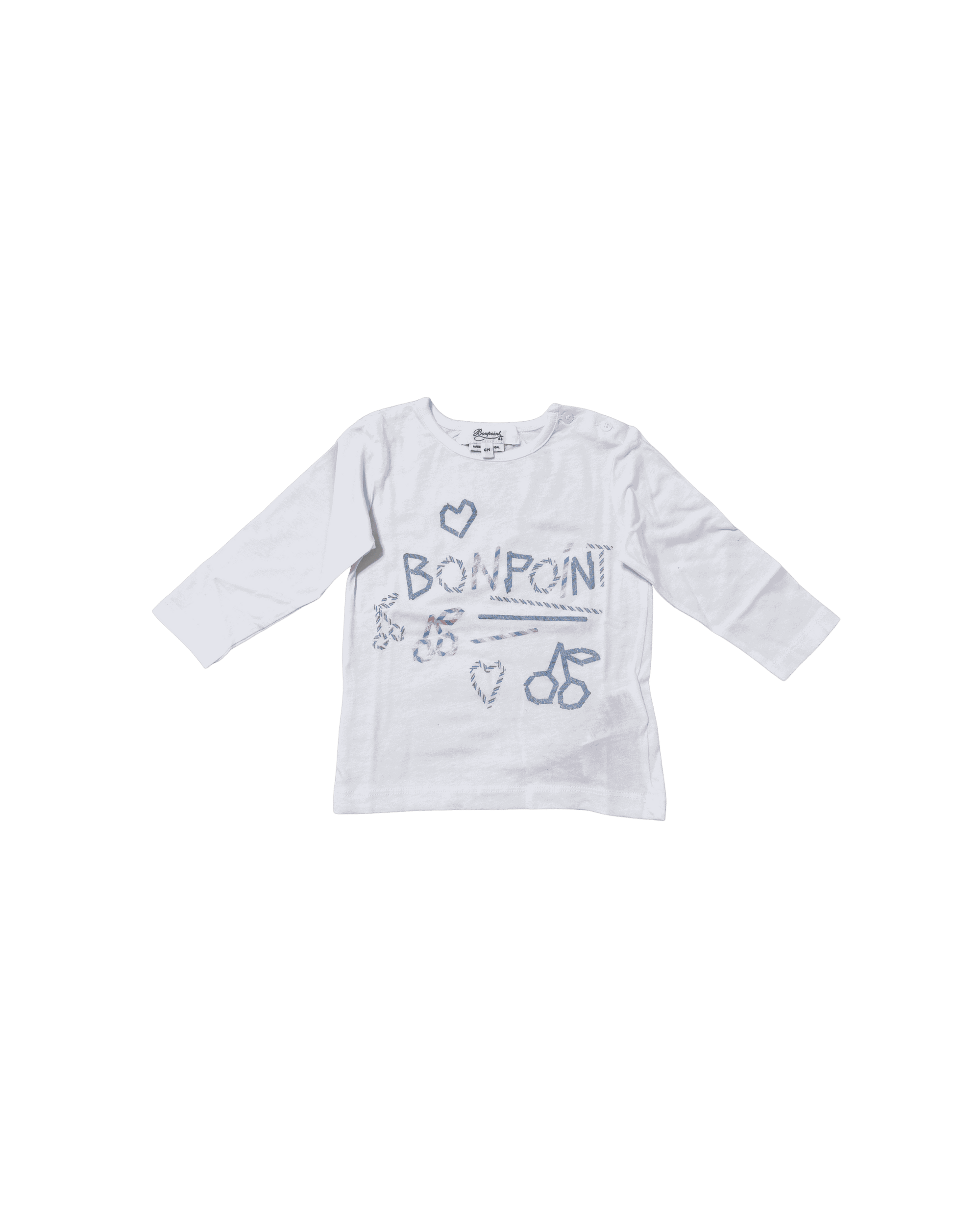 Bonpoint White Long-Sleeved T-Shirt with Blue Cherry 6M