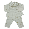 Jacadi Two Piece Pajama Set with a Ruffled Collar and Metallic Gold Cherries and Stars 12M