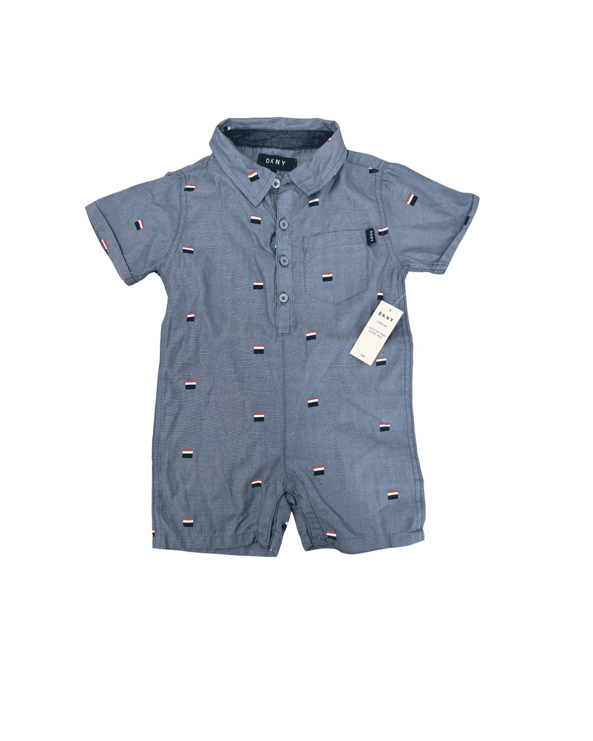 DKNY Blue with Flag Design Collared Romper 18M