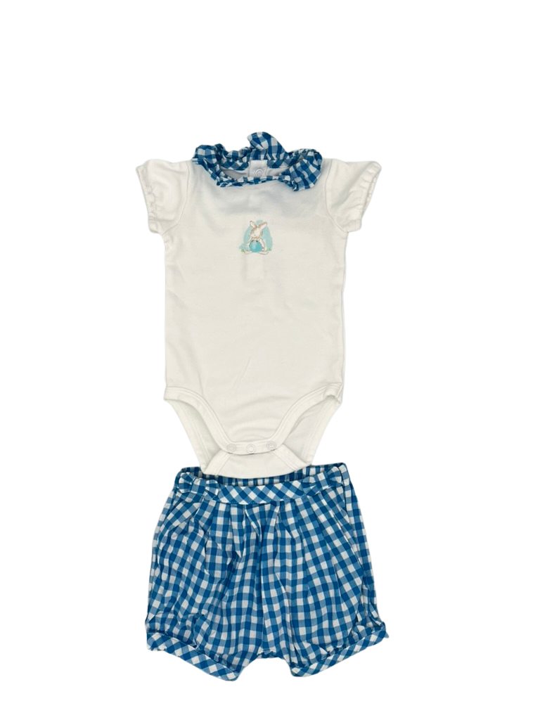 Jacadi Blue Checkered Bunny Onesie and Romper Matching Set 3M