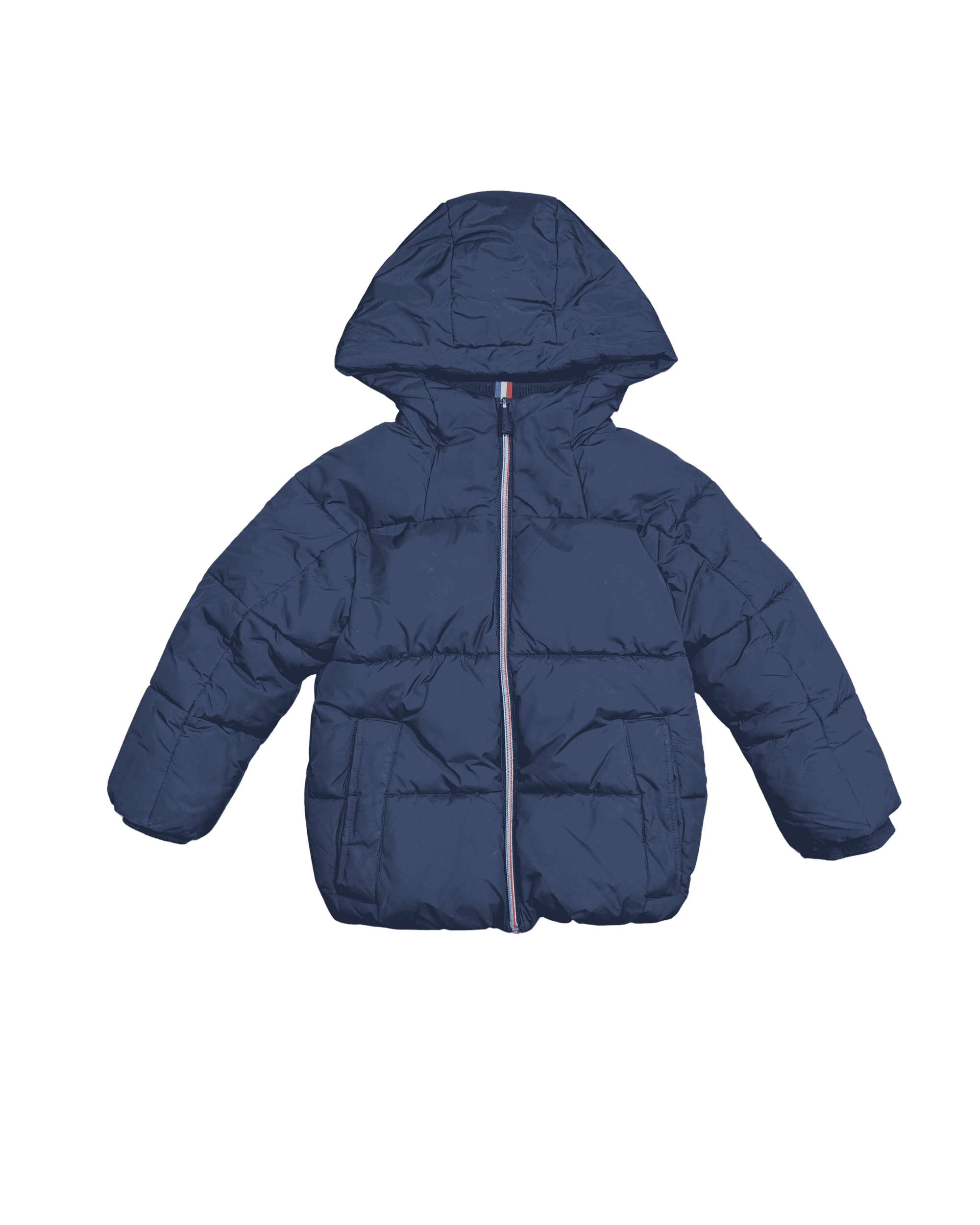 Jacadi Navy Puffer Jacket with Red, White, and Blue Stitching 6Y