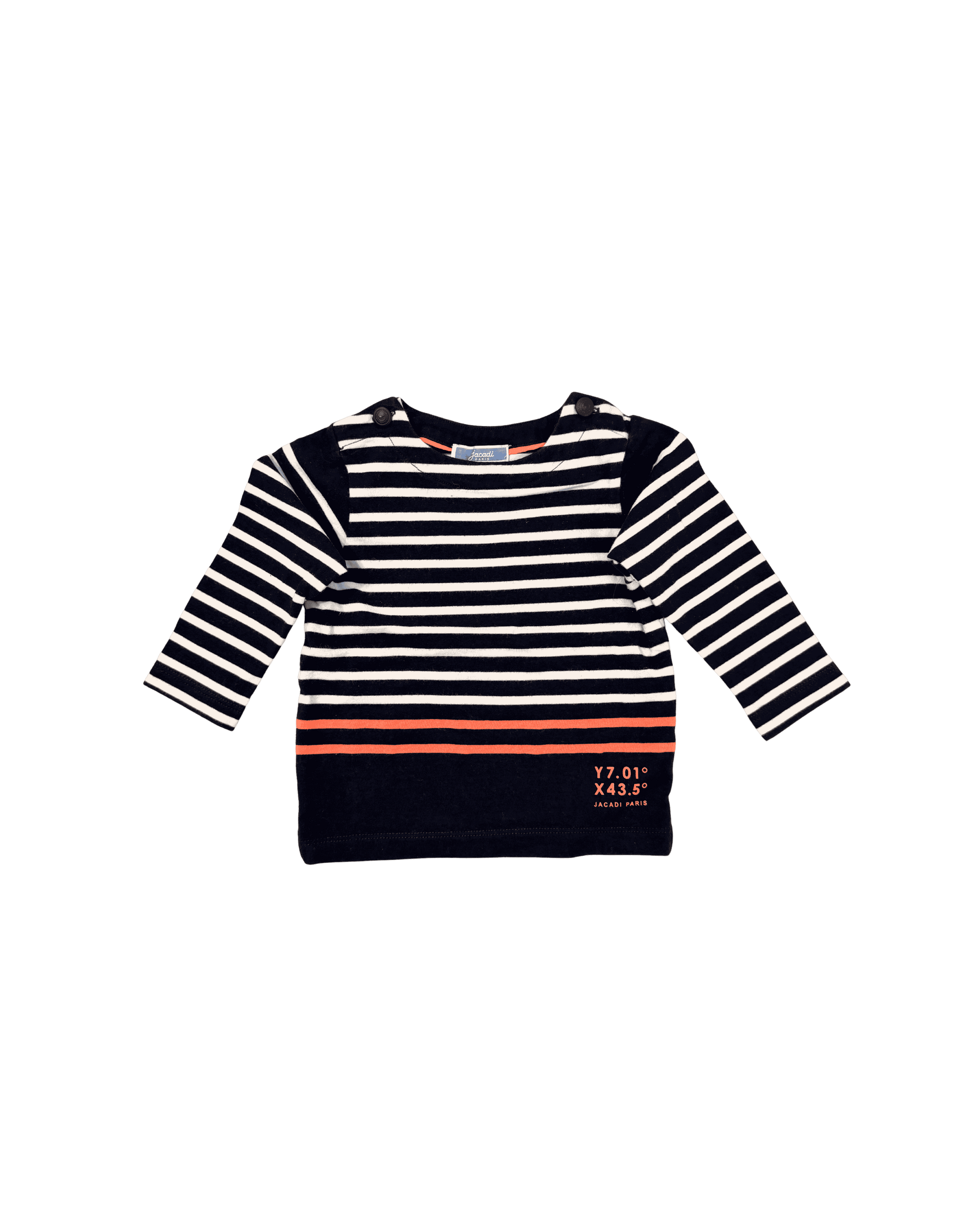 Jacadi Navy and White Striped Long-Sleeve with Orange Accents 12M