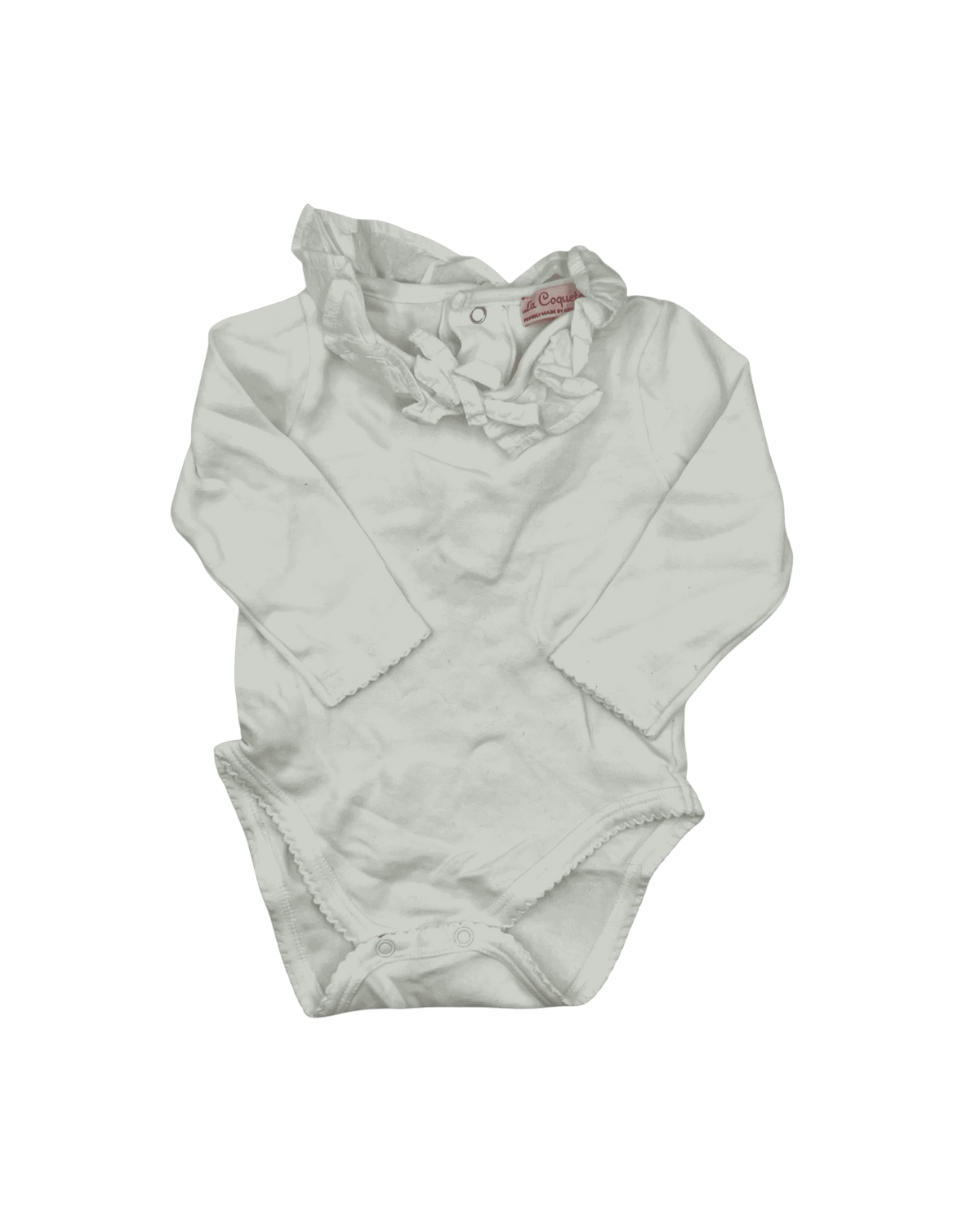 La Coqueta White Long-Sleeve Ruffled Collar Bodysuit 6M