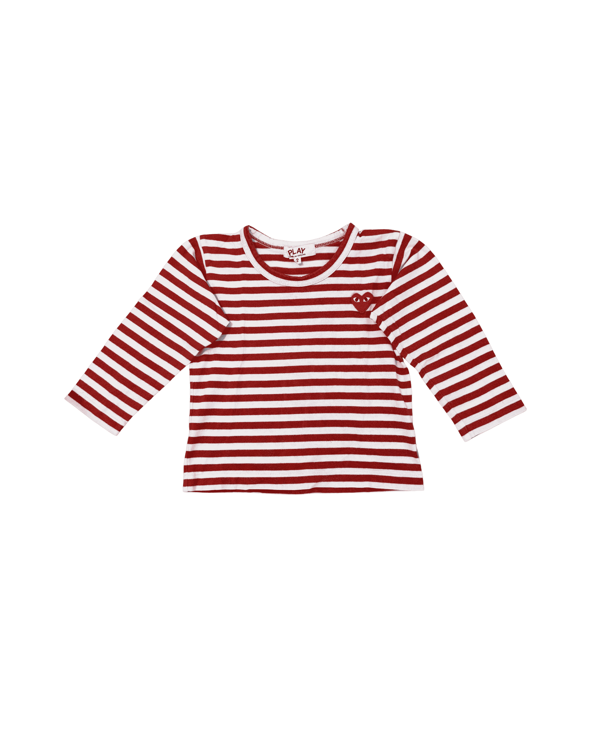 Comme des Garcons Play Kids Red and White Striped Long-Sleeve T-Shirt with a Heart Patch Logo 2T