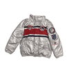 Ralph Lauren Silver Puffer Jacket with Navy and Red Stripes and Ski Club Badges 6Y