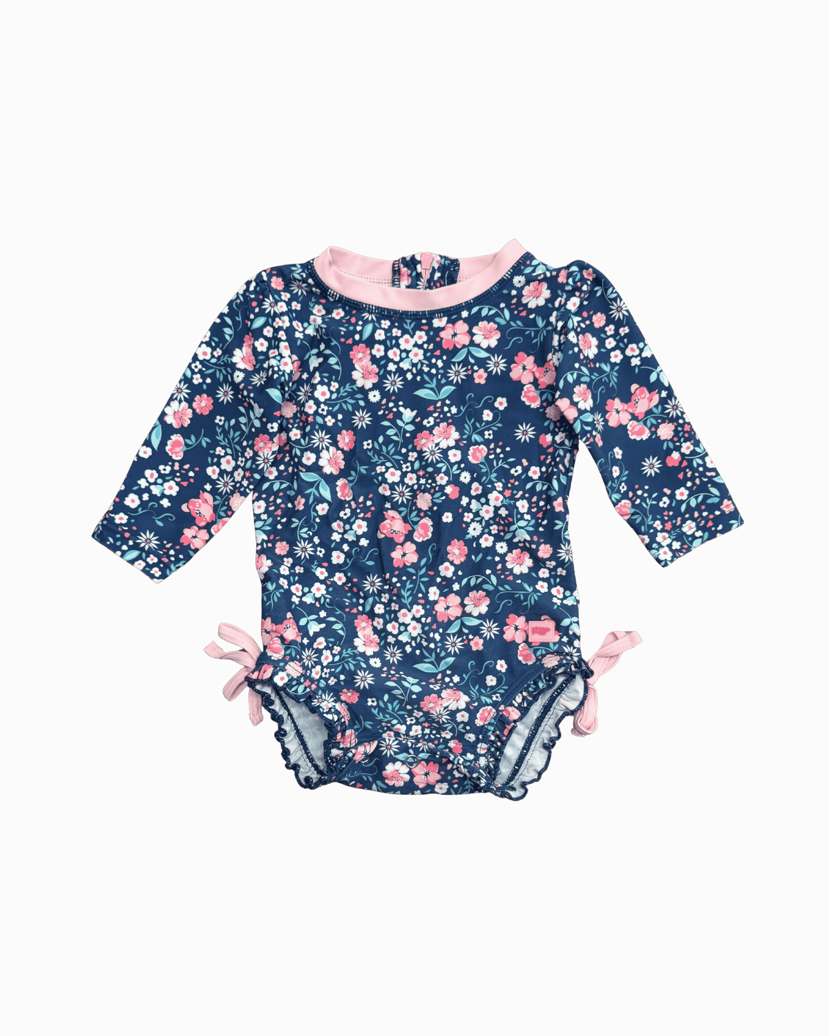 RuffleButts Navy Floral Long-Sleeve One-Piece Rash Guard Swimsuit 3-6M