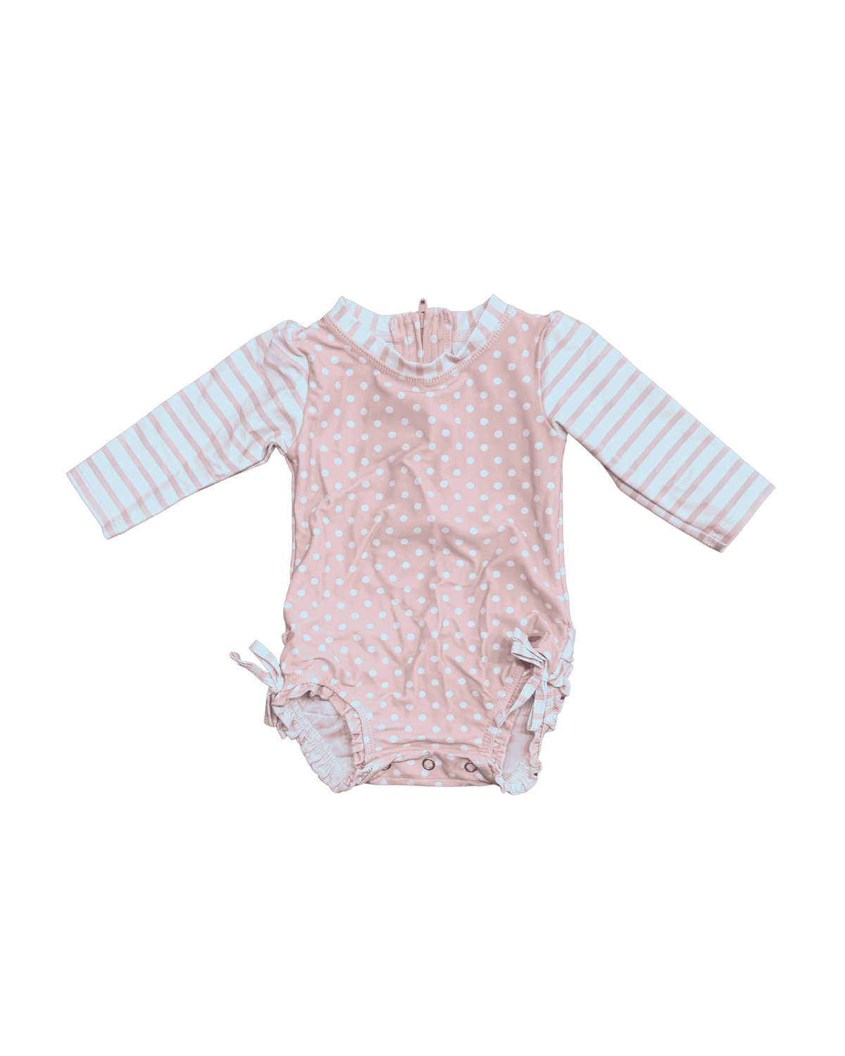 RuffleButts Light Pink Polka Dots and Striped Long-Sleeve One-Piece Rash Guard Swimsuit 3-6M